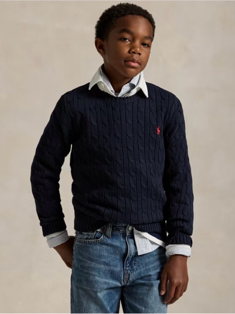 Polo by Ralph Lauren Navy Cable Knit Sweater with Red Pony Embroidery